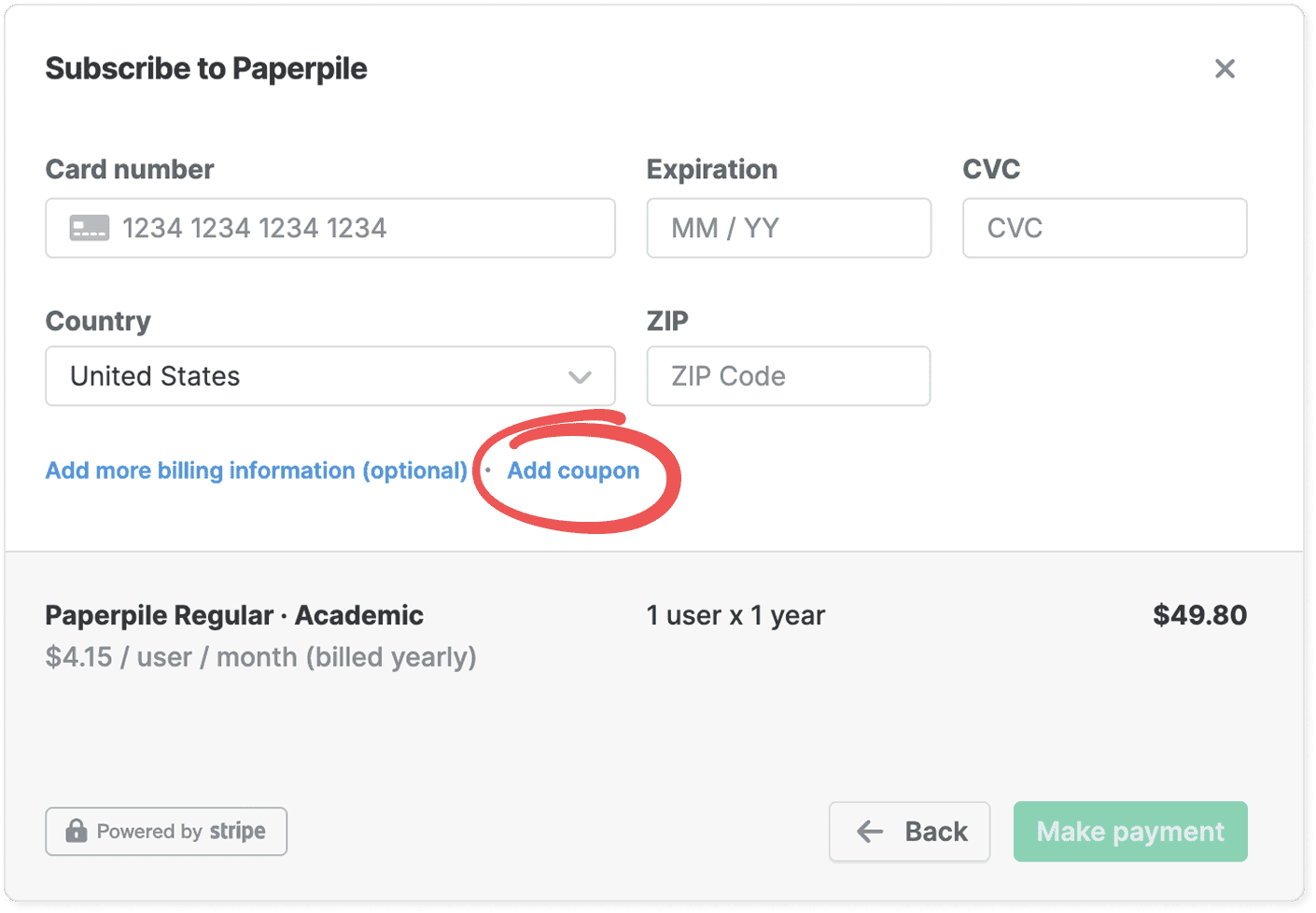The “Subscribe to Paperpile” checkout with empty card fields and the circled “Add coupon” link beside “Add more billing information (optional)”, above a Paperpile Regular · Academic summary of $49.80.